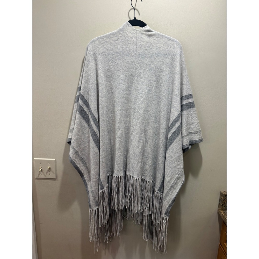 The White Company White Label Gray Wool Cashmere Striped Fringe Poncho Wrap OS - Picture 2 of 5